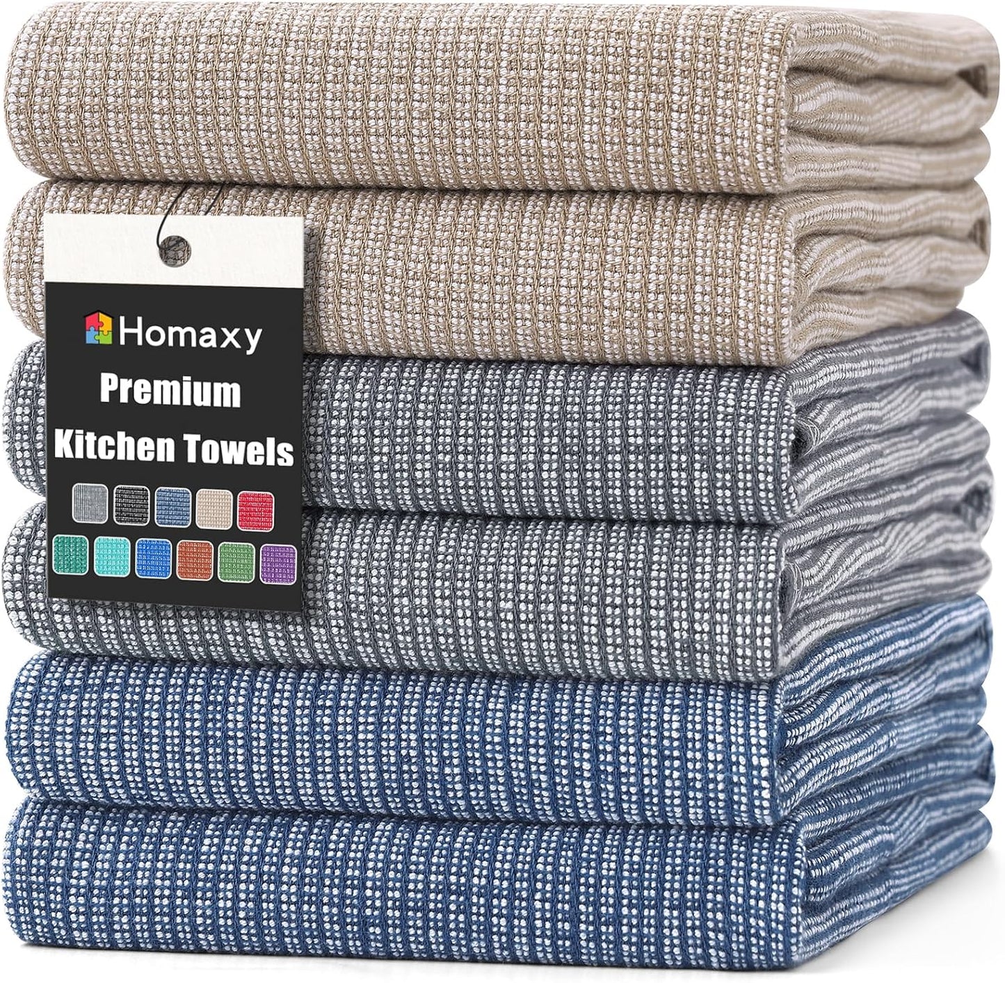 Homaxy Premium Kitchen Towels(18”x 28”, 6 Pack), Large Cotton Kitchen Hand Towels, Flat and Terry Dish Towels, 380 GSM Highly Absorbent Tea Towel Set with Hanging Loop, Multicolor