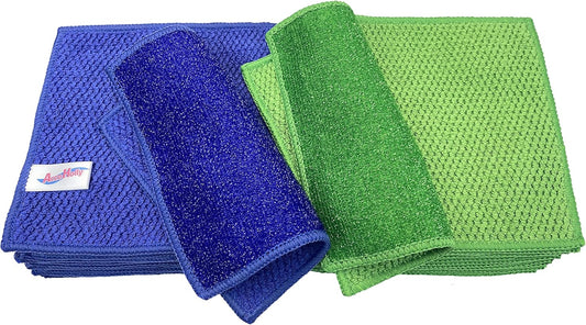 12 Pack Microfiber Scrub Dish Cleaning Cloth, Non-Scratch, Reusable & Durable for Pan Pot Dish Cooktop Stovetop Counter Kitchen Household, Machine Washable, 5.5 x 5.5 Inch, Blue & Green Assorted