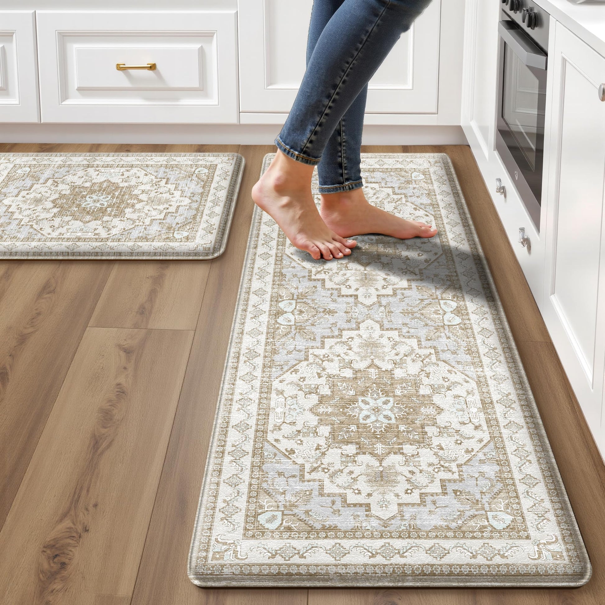 Boho Kitchen Mats for Floor 2 Piece Set Anti Fatigue Cushioned PVC Kitchen Rugs Non Slip Waterproof