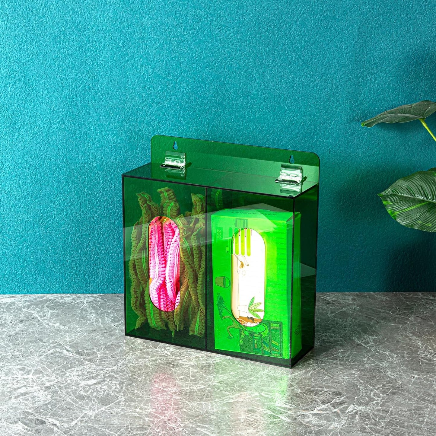 Wall Mounted Glove Dispenser, Hairnet Shoe Cover Dispenser，Acrylic Glove Box Holder, Green (for 2 Boxes)