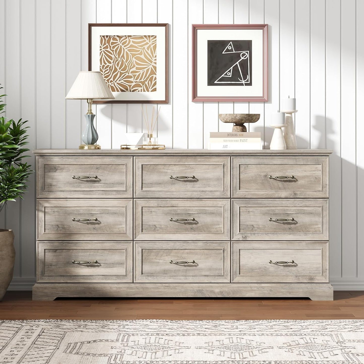 9 Drawer Dresser for Bedroom, 63" Wide Wooden Chest of Drawers, Rustic Farmhouse Dresser with Large Drawers & Metal Handles, Modern Storage Organizer for Closet, Living Room, Hallway, Grey