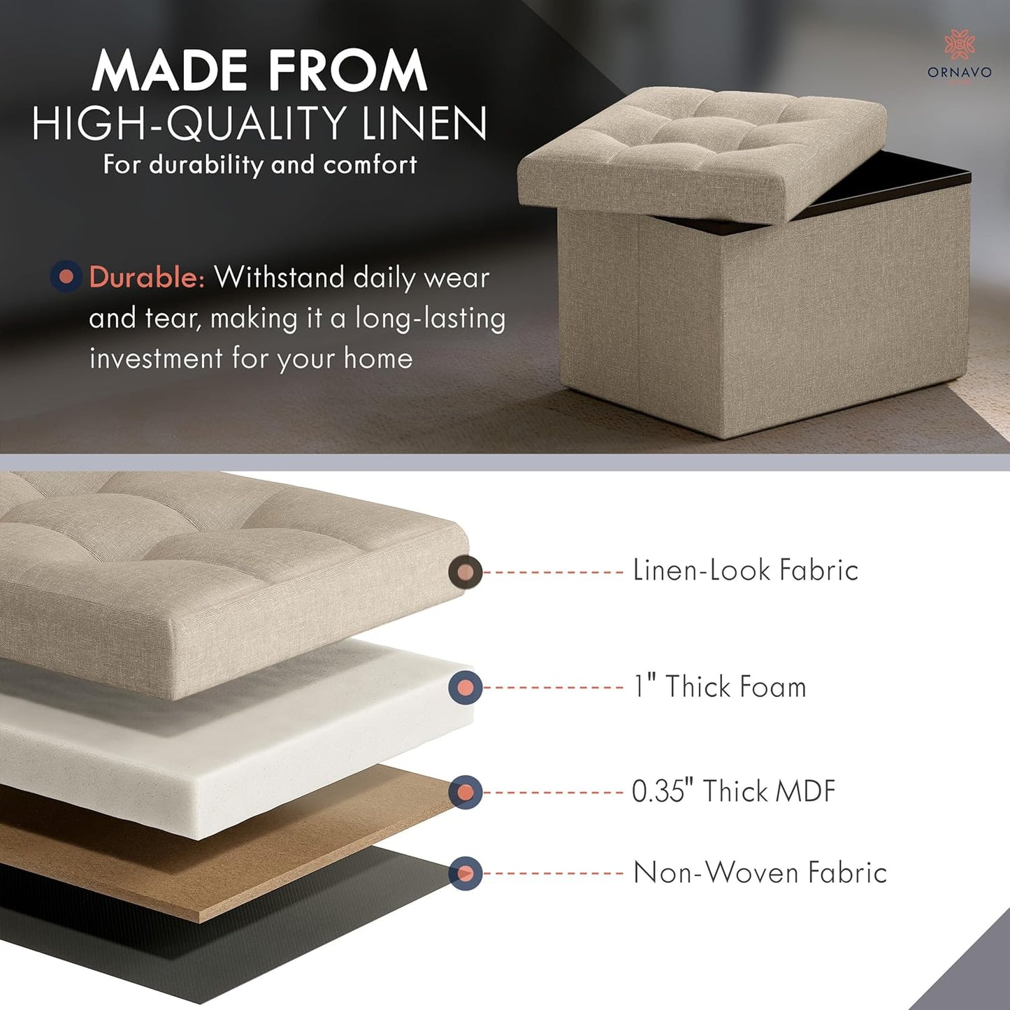 Ornavo Home Small Storage Ottoman Foldable Collapsible Rectangle Linen Ottoman Foot Rest Stool Seat, for Living Room, Bedroom, Home Office, Dorm - 12 x 16 x 12, Taupe