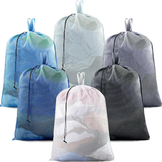 6 Pack 24 x 36 Inches Blue Mesh Laundry Bag with Handles Machine Washable Secure Drawstring Closure Large Sturdy Mesh Net Laundry for College Travel Dorm Laundromat