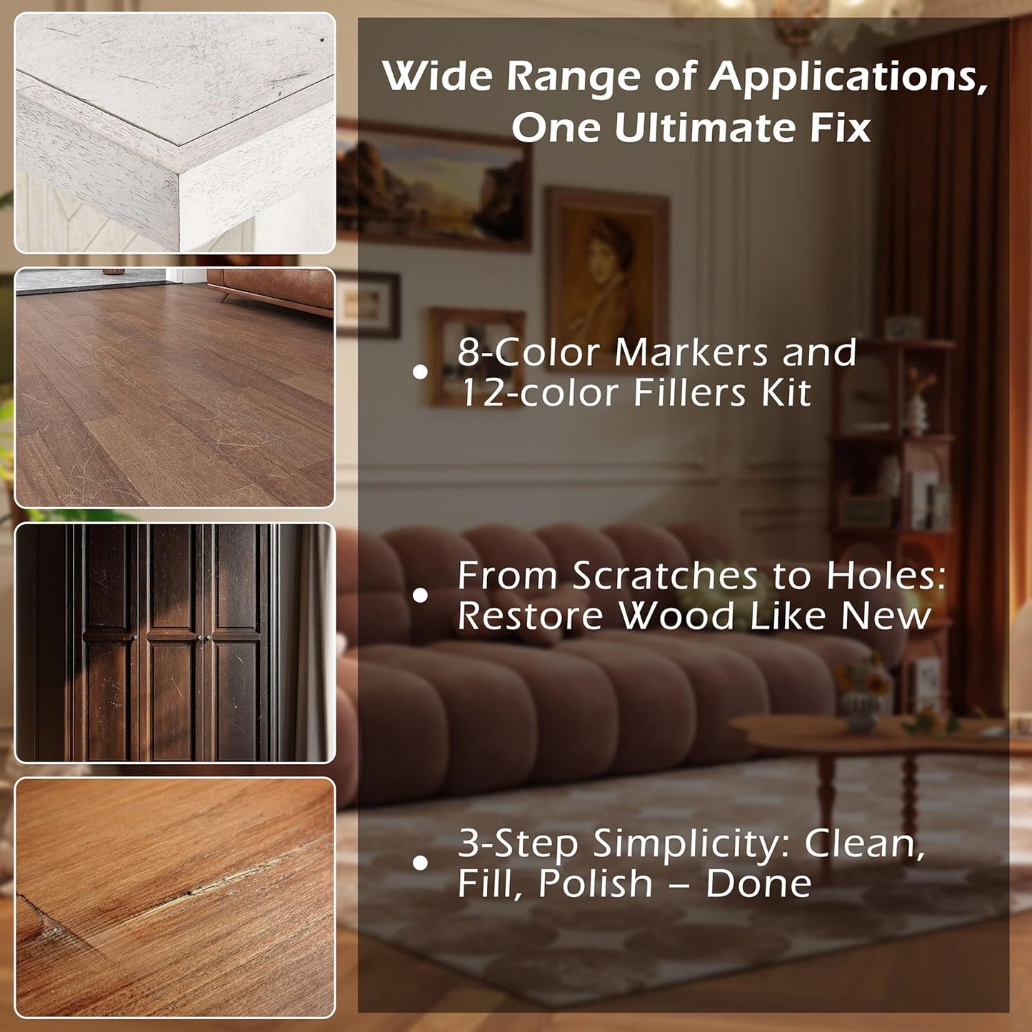 Wood Furniture Repair Kit: 12-Color Filler and 8-Color Markers - Wood Touch Up for Scratches/Cracks/Holes/Stains in Floors/Table/Cabinets(Hardwood/Laminate)