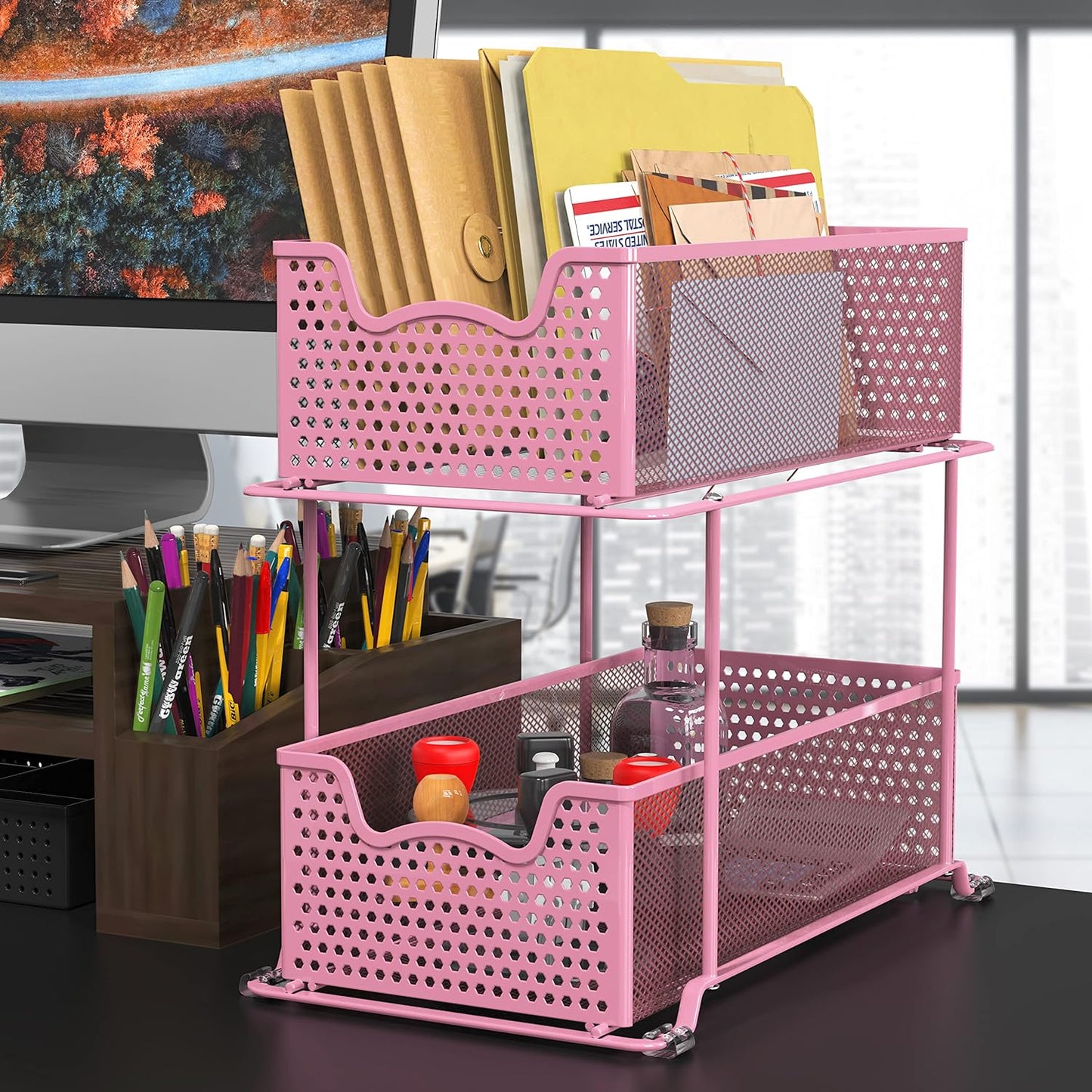 SIMPLE HOUSEWARE 2 Tier Sliding Cabinet Basket Organizer Drawer, Pink