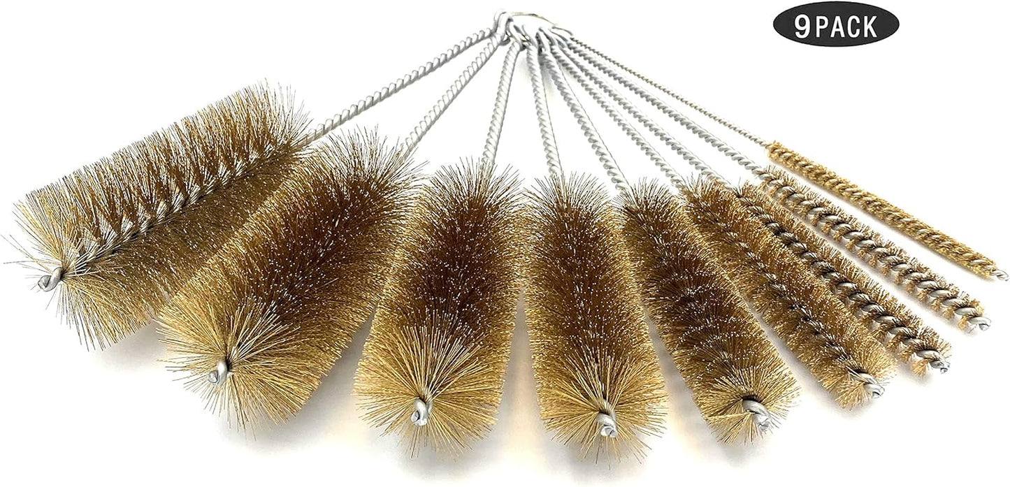 Pipe Cleaning Brush Set with Brass Bristles, 9 Piece Variety Pack for Auto Parts, Bottles,Tubes, Etc.