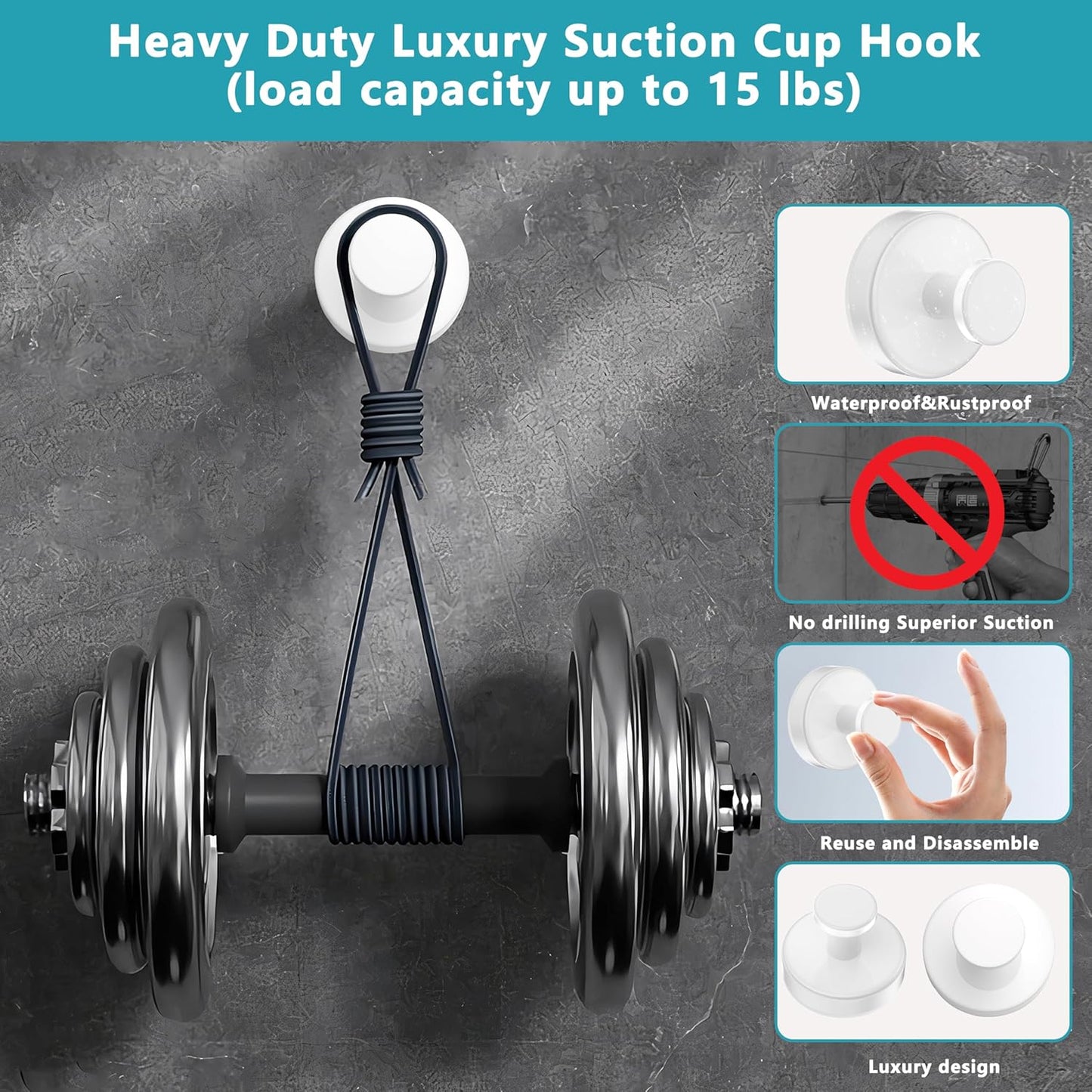 Suction Cup Hooks for Shower,Removable No Drill Towel Hooks,Upgraded 15 lbs Strong Suction hooks for Bathroom Tile,Shower Wall,Glass Door,Kitchen-Loofah,Coat,Stainless Waterproof-White 2 Pcs