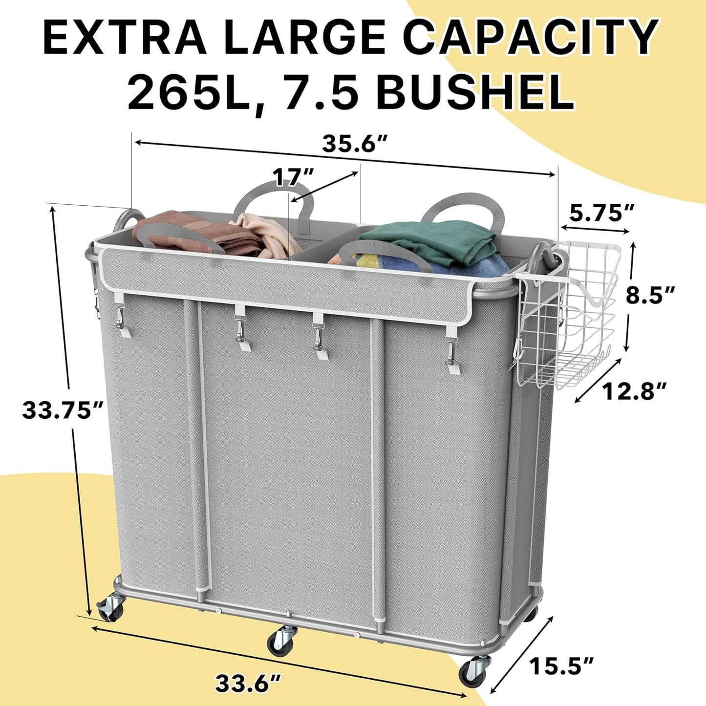 Simple Houseware Extra Large Rolling Laundry Cart – Heavy Duty Hamper with 2 Removable Bags & 6 Smooth Wheels – Commercial Laundry Organizer for Home, Hotel, Dorm, Gym, Gray
