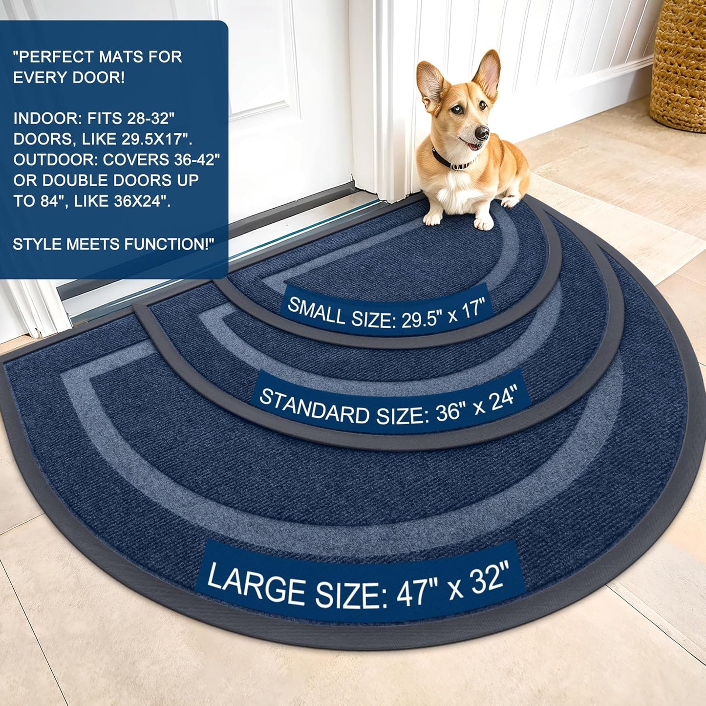 OLANLY Half Circle Door Mat Indoor Outdoor Entrance Welcome, Waterproof All-Season, All-Weather Doormat, Sturdy Natural Rubber, Low Profile, Easy Clean Patio Porch Entryway Mat, 59x35, Blue