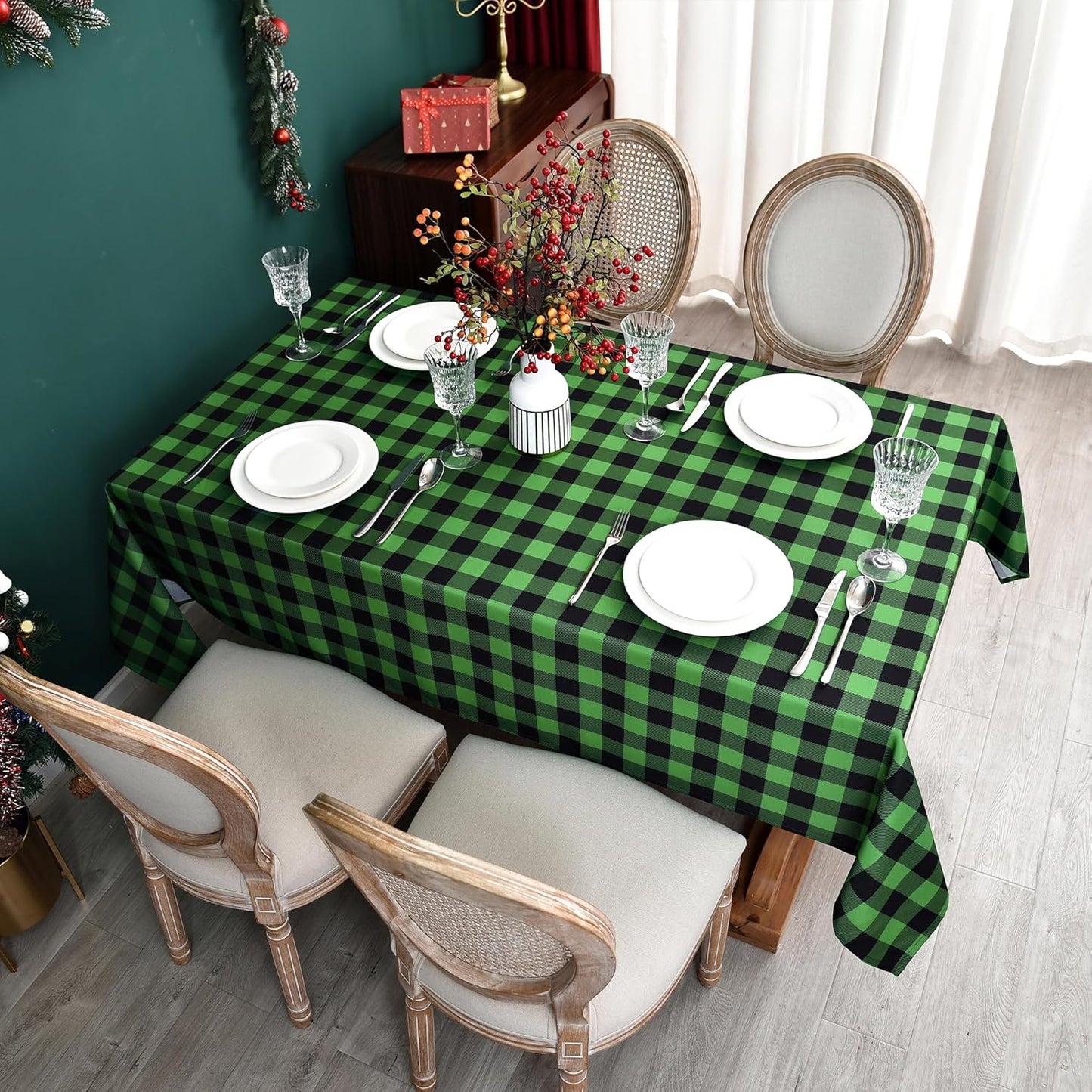 Waterproof Gingham Festive Tablecloth Fabric - Oblong 52x70 Inch Classic Buffalo Tartan Table Cloth for Outdoor Use - St. Patrick's Day Tabletop Cover for Xmas, BBQs, and Parties