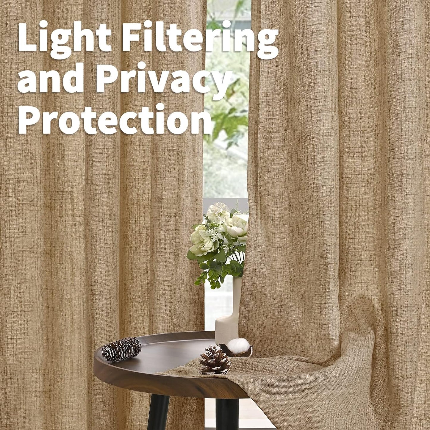 YoungsTex Burlap Linen Semi Sheer Curtains 72 Inch Length for Living Room, Semi Sheer Window Treatments Light Filtering with Rod Pocket Back Tab for Farmhouse Bedroom, Toffee, 2 Panel, 52 X 72 Inch