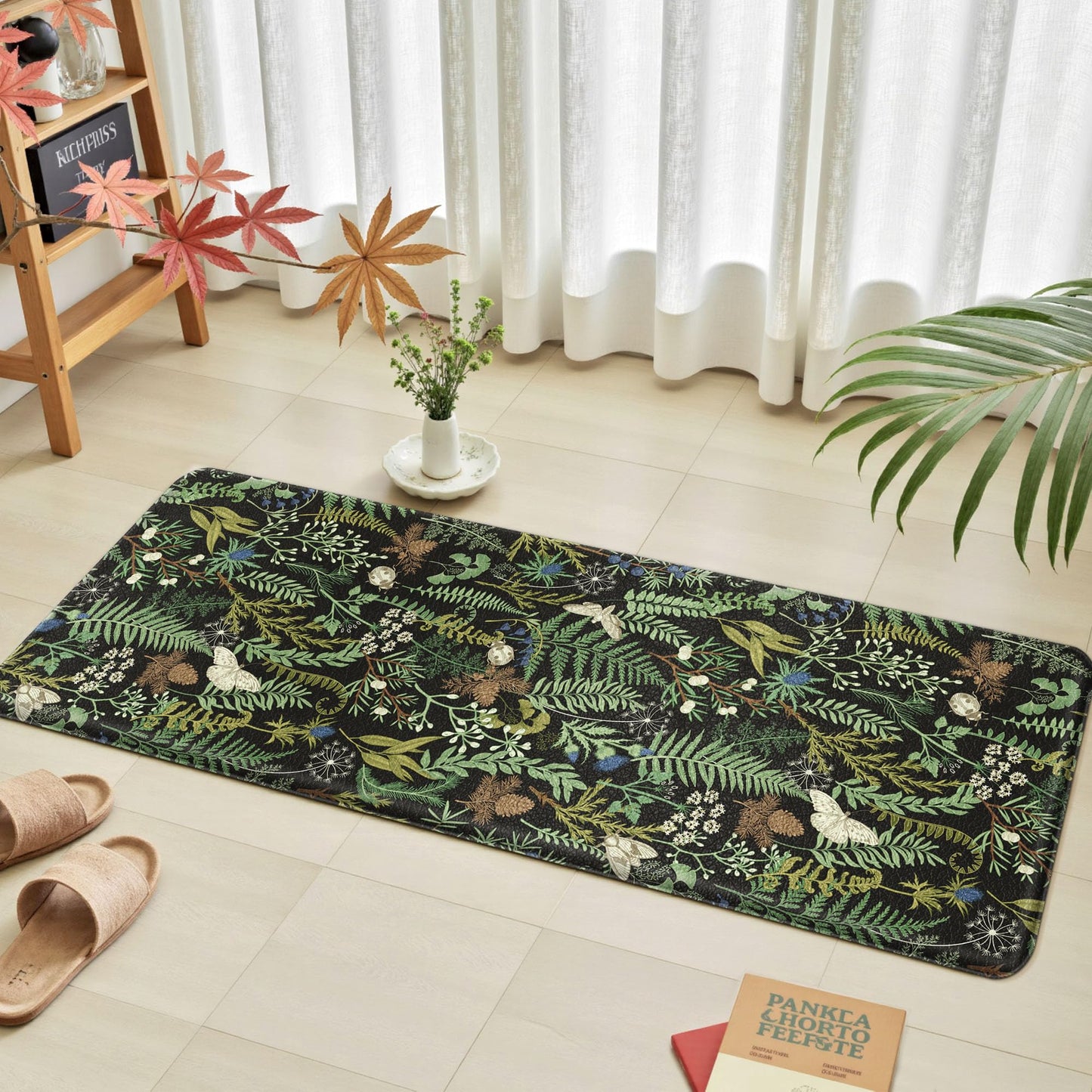 2 PCS Botanical Kitchen Rugs Set, Black Green, 17.3"x28" + 17.3"x47"