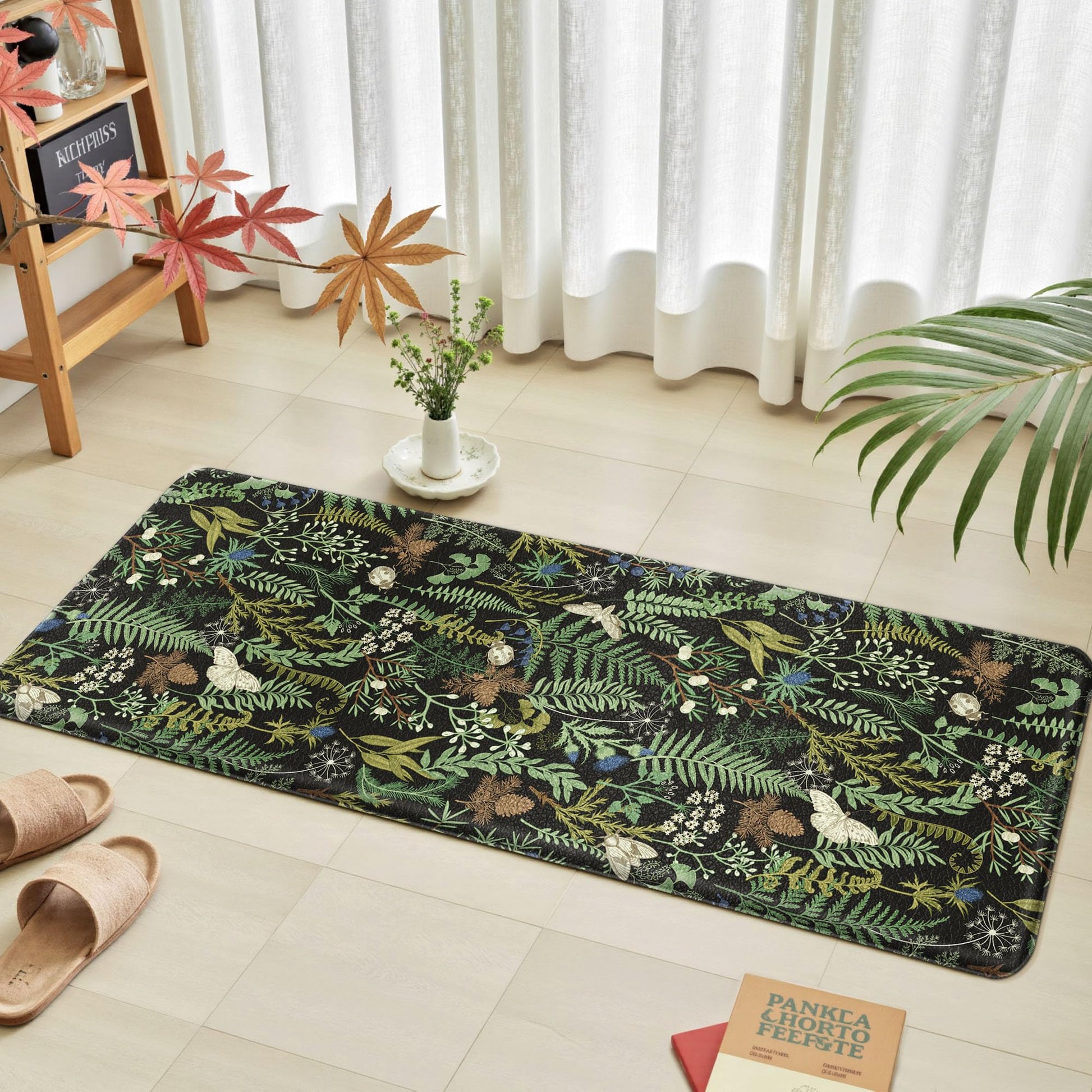 2 PCS Botanical Kitchen Rugs Set, Black Green, 17.3"x28" + 17.3"x47"