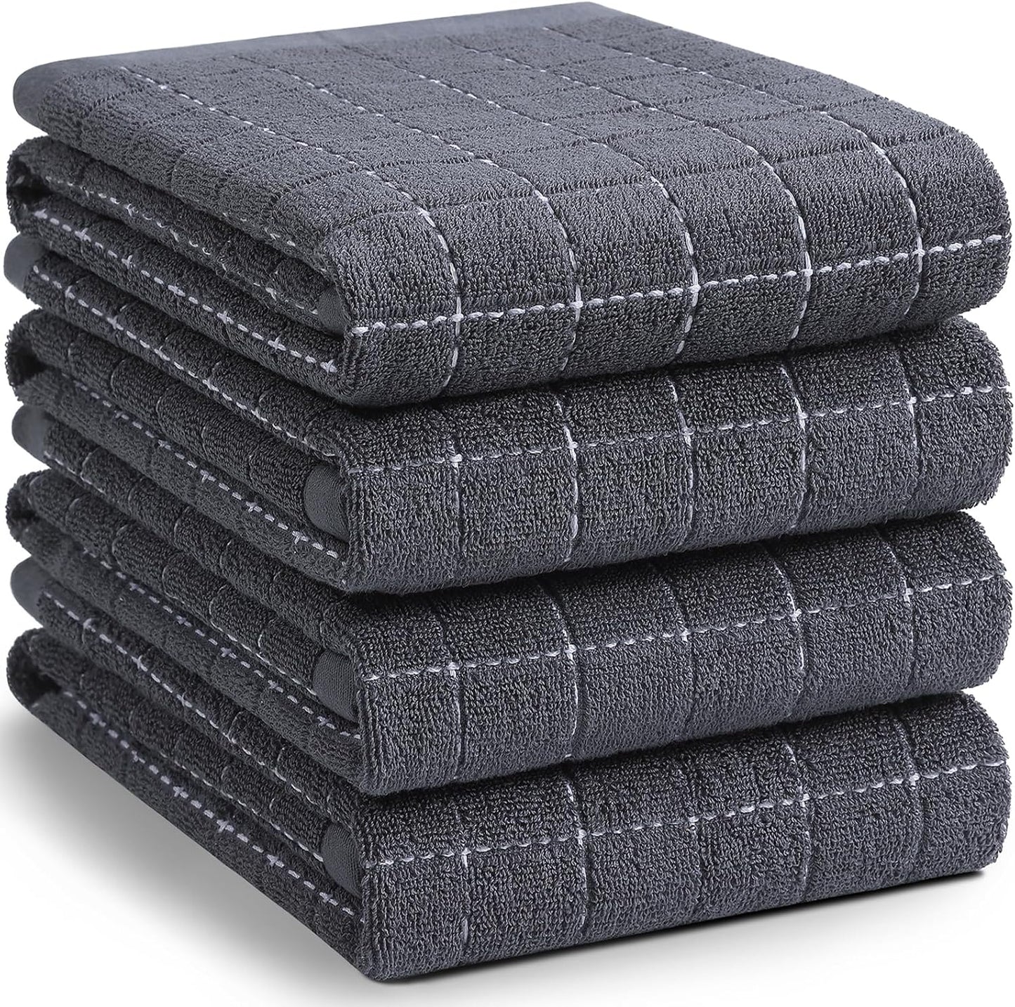 Homaxy 100% Cotton Terry Kitchen Towels(Dark Grey, 20 x 28 inches), Checkered Designed, Soft and Super Absorbent Dish Towels, Large 4 Pack