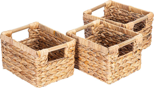 Small Wicker Baskets for Organizing Bathroom, Hyacinth Baskets for Storage, Wicker Storage Basket with Wooden Handle, Decorative Small Basket 10 x 7.5 x 6.3 inches - 3 Pack