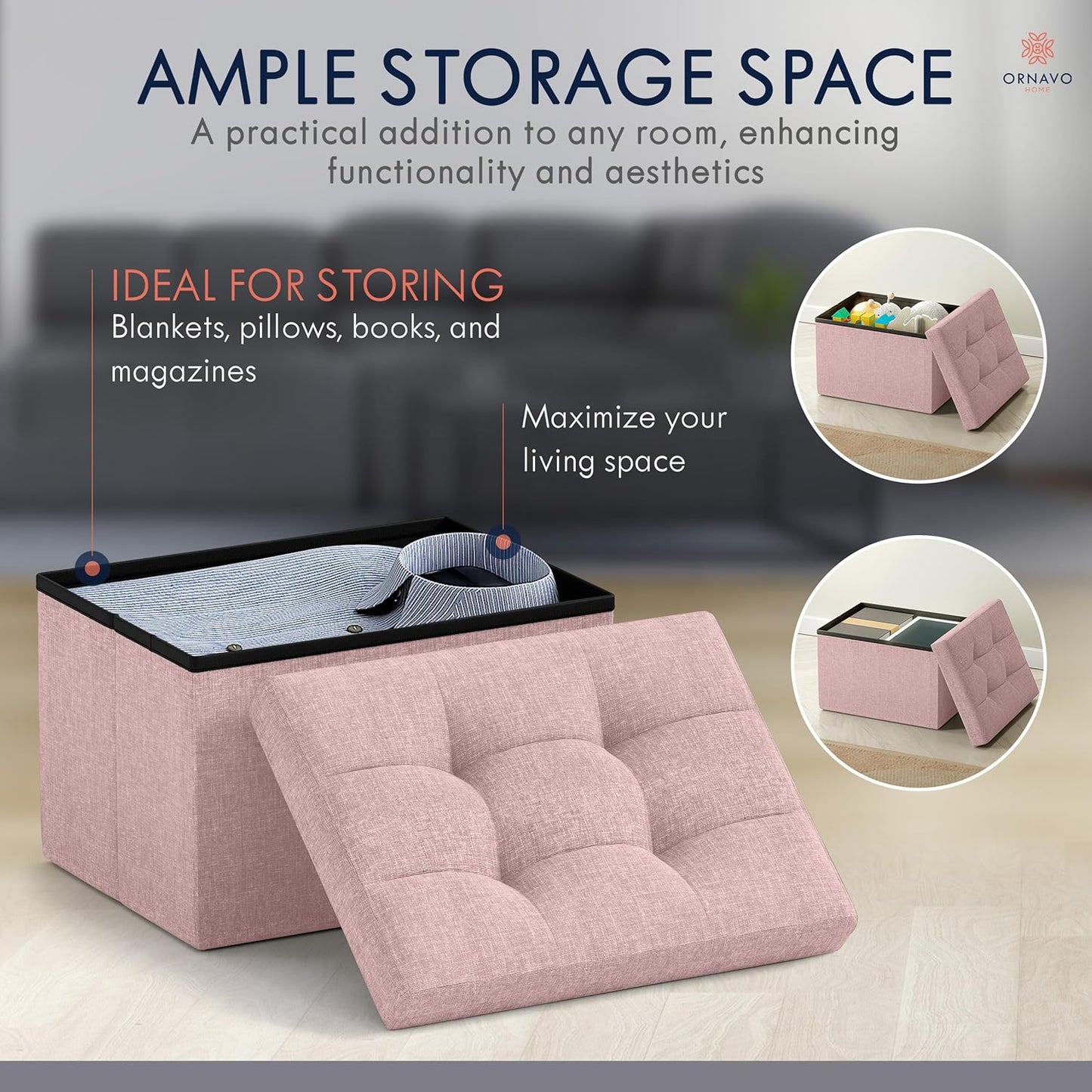 Ornavo Home Small Storage Ottoman Foldable Collapsible Rectangle Linen Ottoman Foot Rest Stool Seat, for Living Room, Bedroom, Home Office, Dorm - 12 x 16 x 12, Pink