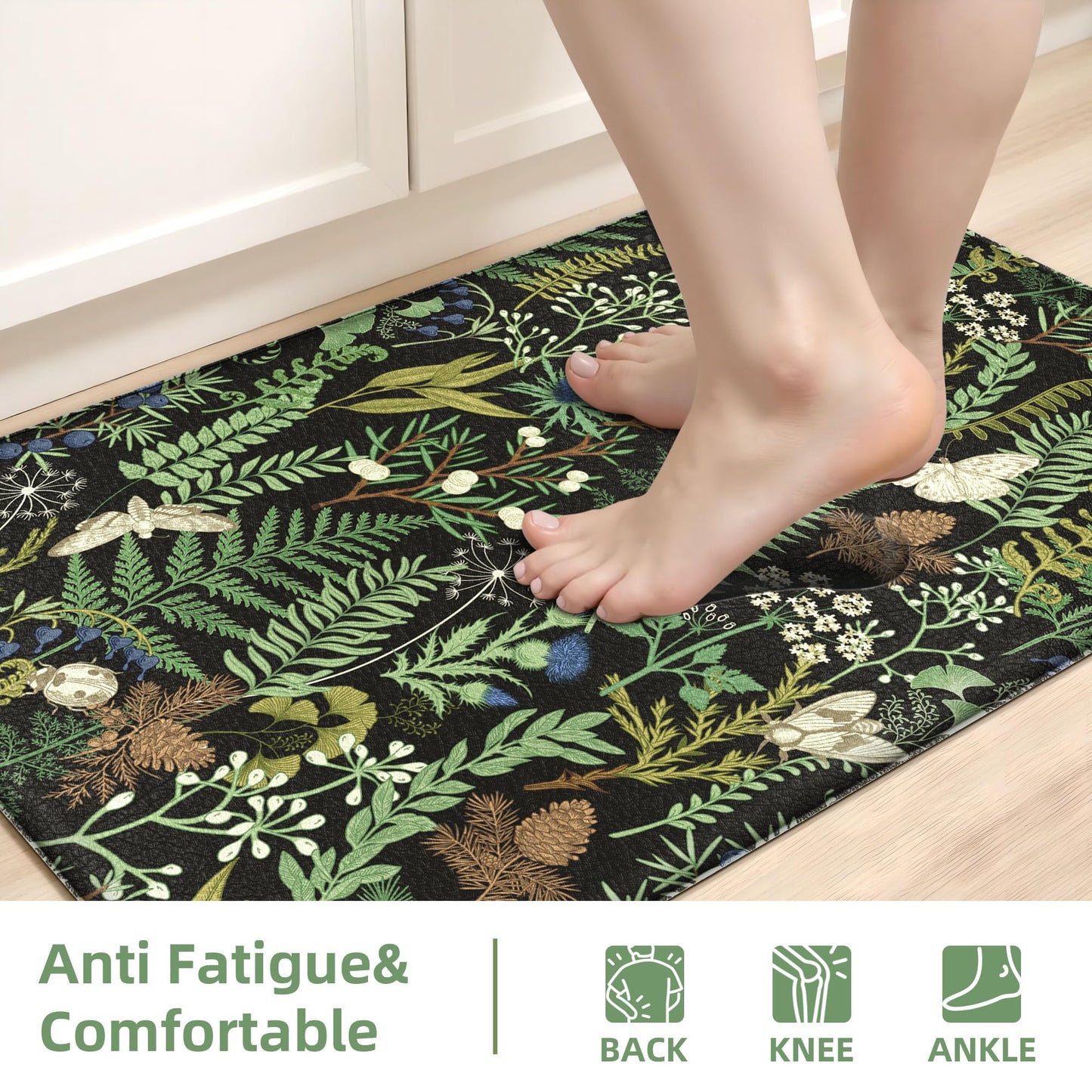 2 PCS Botanical Kitchen Rugs Set, Black Green, 17.3"x28" + 17.3"x47"