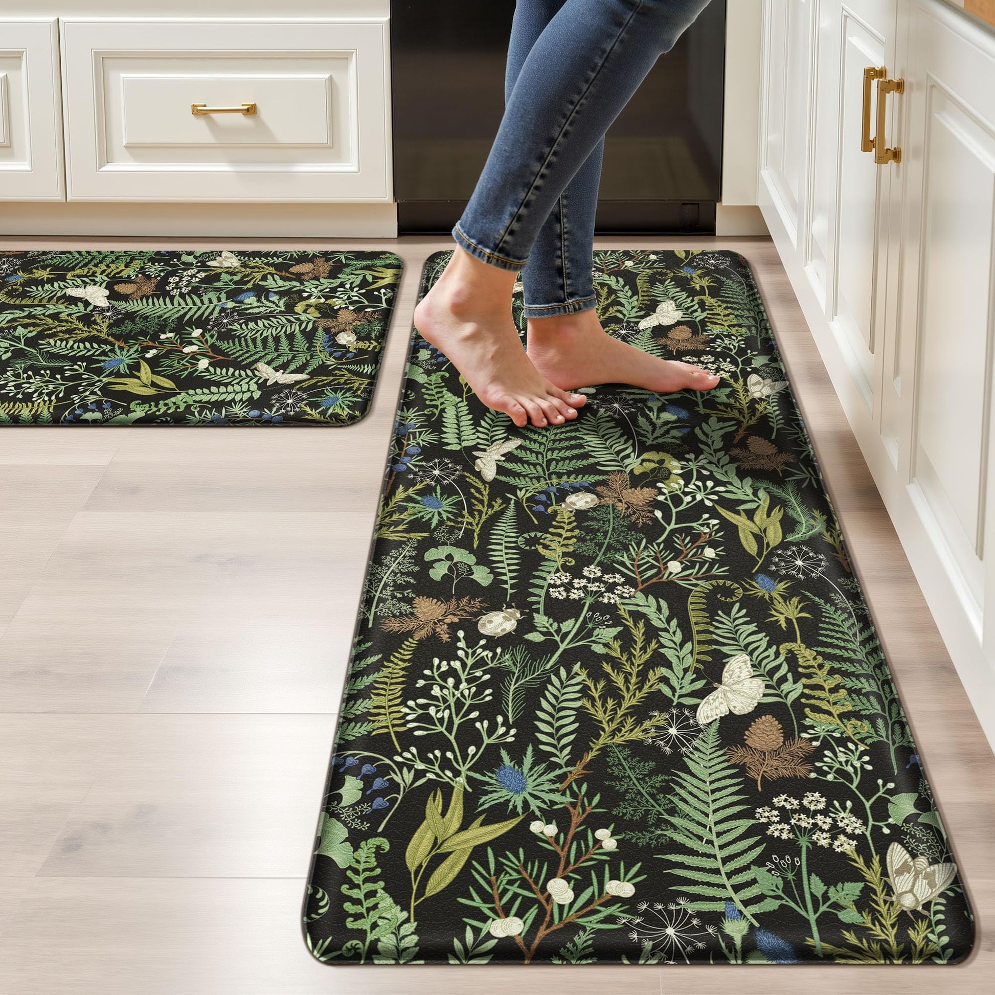 2 PCS Botanical Kitchen Rugs Set, Black Green, 17.3"x28" + 17.3"x47"