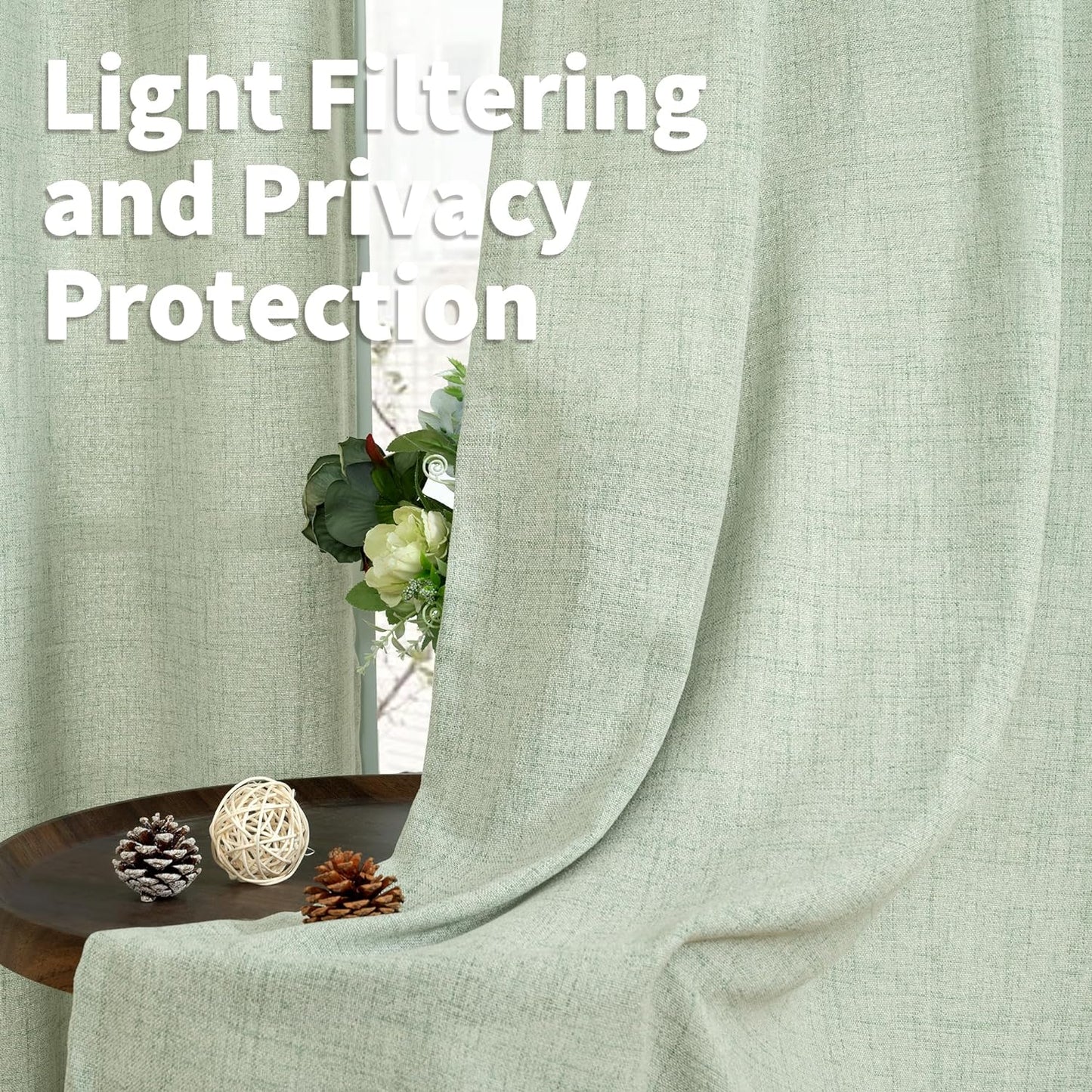 YoungsTex Sage Green Linen Curtains 78 Inches Long for Living Room, Semi Sheer Window Drapes Light Filtering with Rod Pocket Back Tab for Office Bedroom, 2 Panels, 52 X 78 Inch