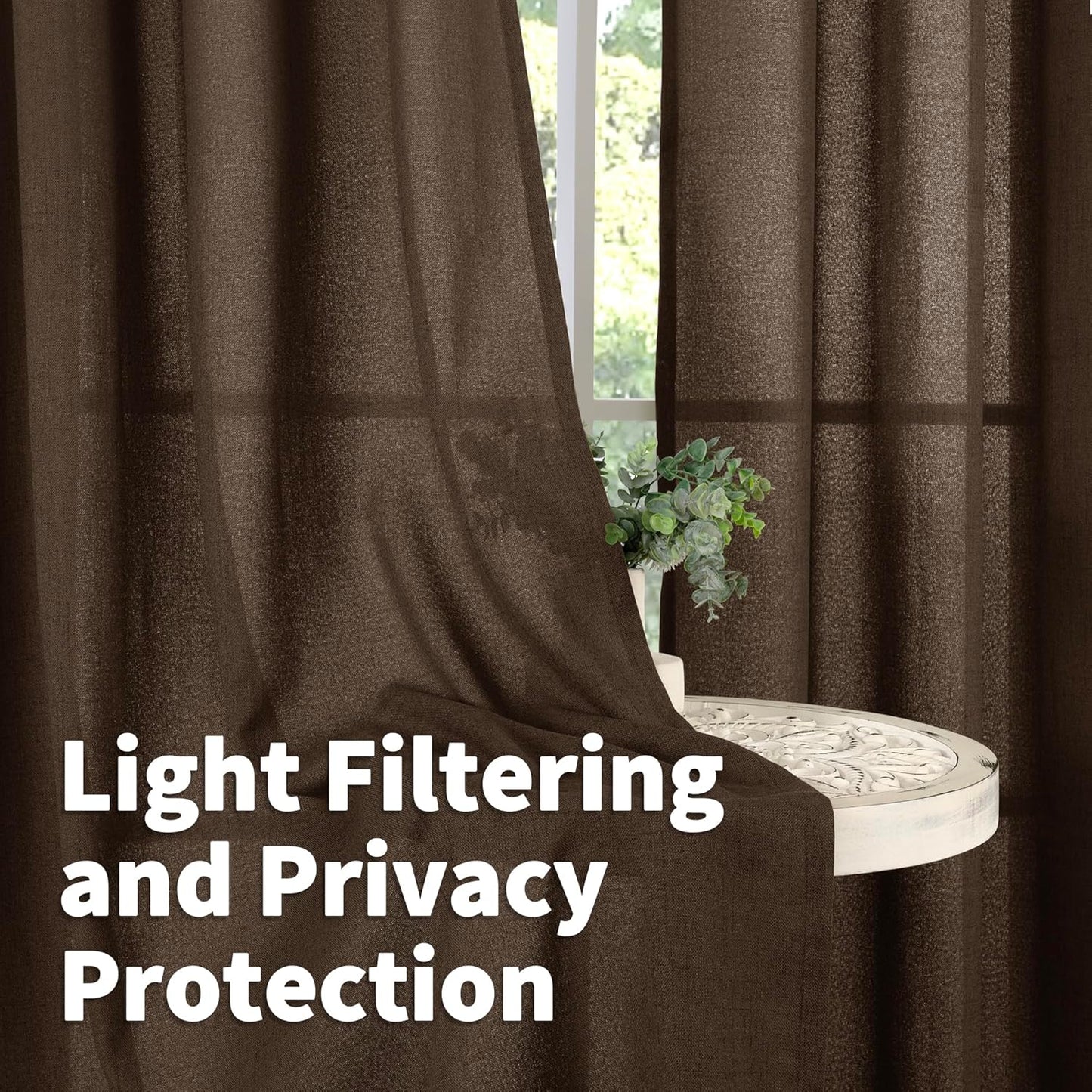 YoungsTex Brown Linen Kitchen Curtains 36 Inch Length, Half Window Drapes Light Filtering Semi Sheer with Rod Pocket Back Tab for Cafe Bathroom Window Over Sink, 30 x 36 Inch, 2 Panels