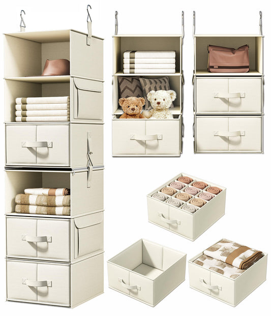 6-Shelf Hanging Closet Organizer with 3 Drawers, 2-in-1 Design, Beige