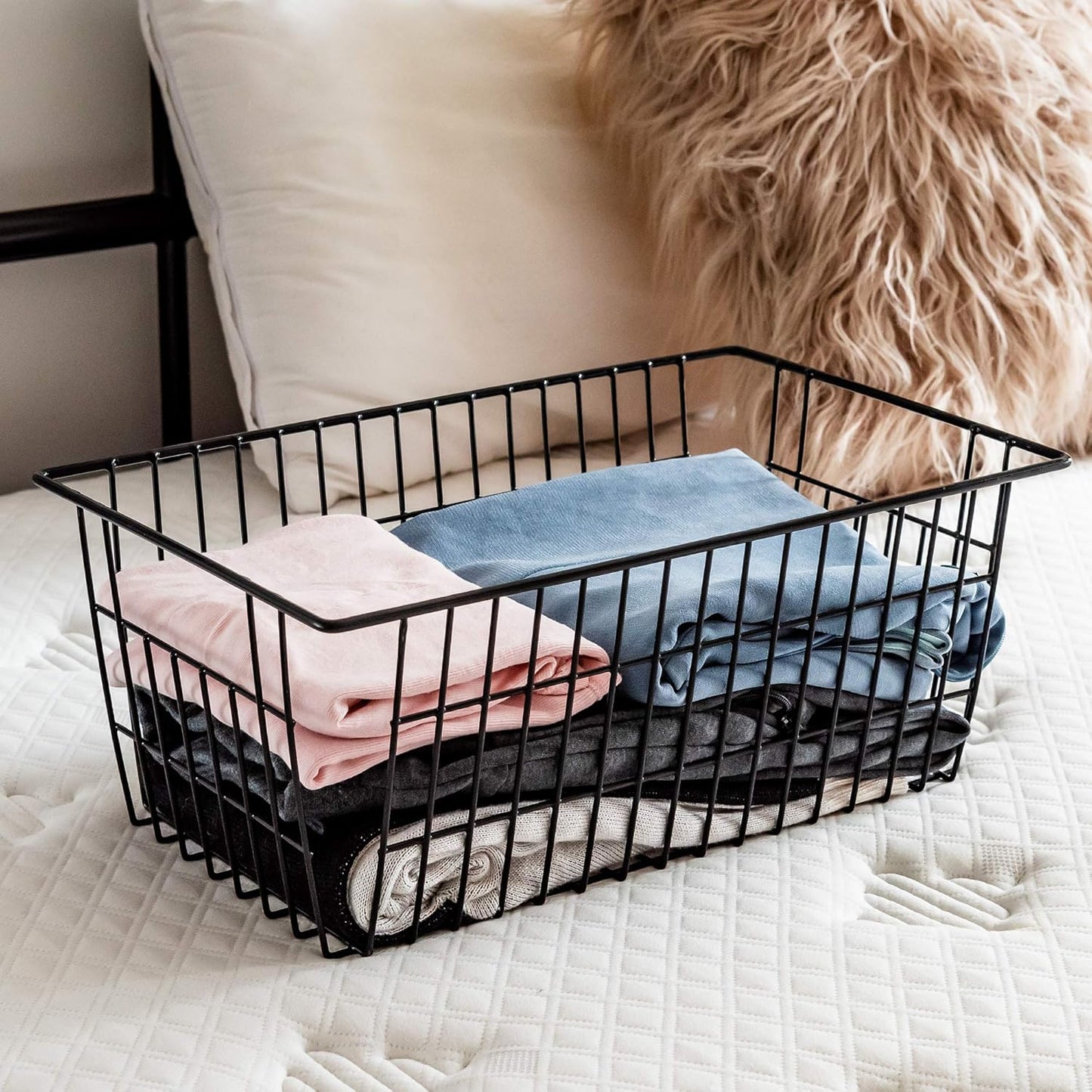 SANNO Freezer Baskets Wire Storage Baskets Closet Baskets Bin Farmhouse Organizer Storage Bins Large Organizer Bins for Home, Office, Bathroom, Pantry Organization Storage -Black Set of 3, 15.7"