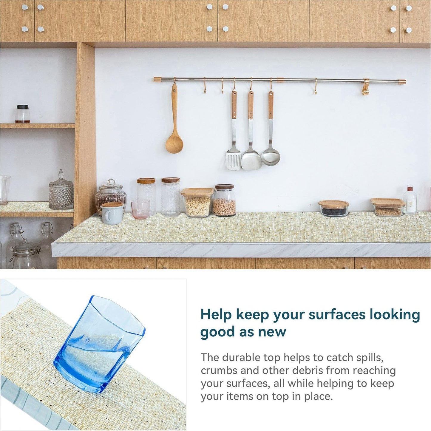 Shelf Liner Non Adhesive 18 Inch x 40 Feet Beige Kitchen Drawer Liner, Waterproof Shelf Liner Durable Anti-Slip