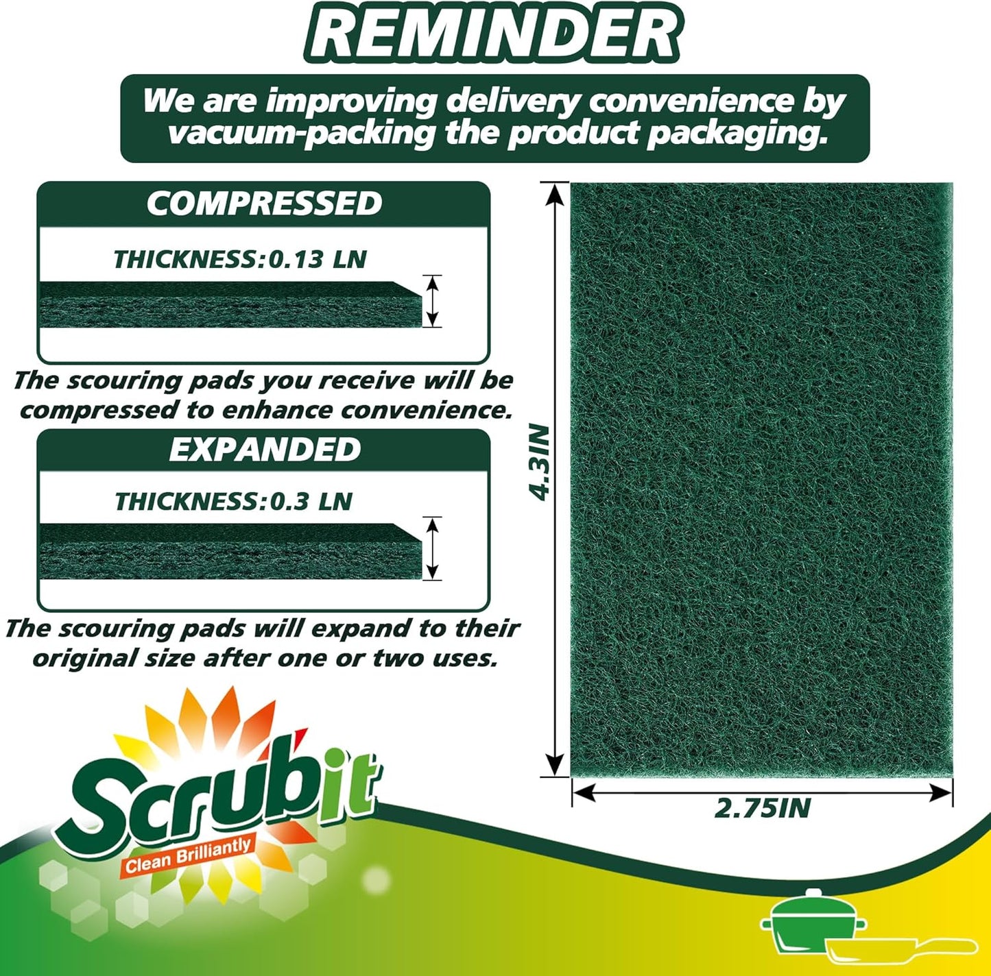 SCRUBIT Scouring Pads - Heavy Duty Scrub Pads for Cleaning Dishes - Non-Scratch - Reusable - Green (50)