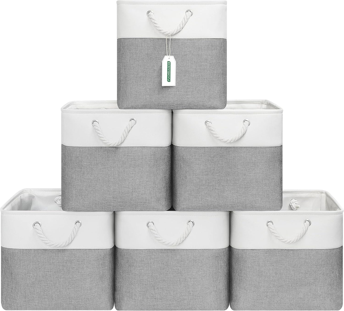 13x13 Inch Cube Storage Bins with Reinforced Bottom Cardboard, 6 Pack Large Collapsible Fabric Storage Cubes with Handles for Shelf, Closet, Toy, Laundry Organization (White&Gray)