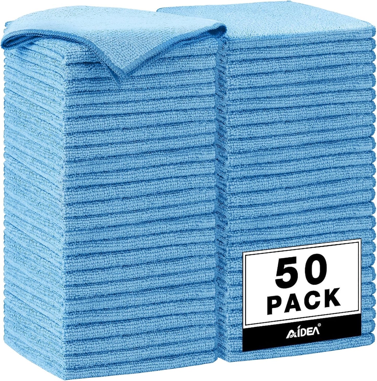 AIDEA Microfiber Cleaning Cloth, 50PK, Blue Shop Rags, Microfiber Towels for Cars, Dusting Cloth Lint Free Rags, Absorbent Towels for SUVs, House, Kitchen, Mechanic, Workshops, 12"×12"