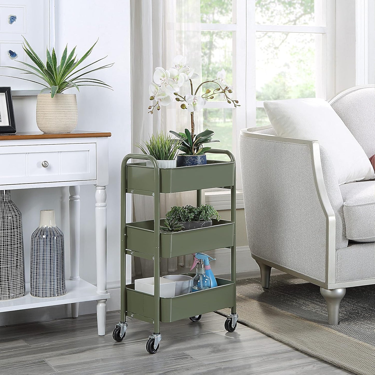 SunnyPoint 3-Tier Delicate Compact Rolling Metal Storage Organizer - Mobile Utility Cart Kitchen/Under Desk Cart with Caster Wheels - Army (15.35" X 10.24" X 26.8"H)