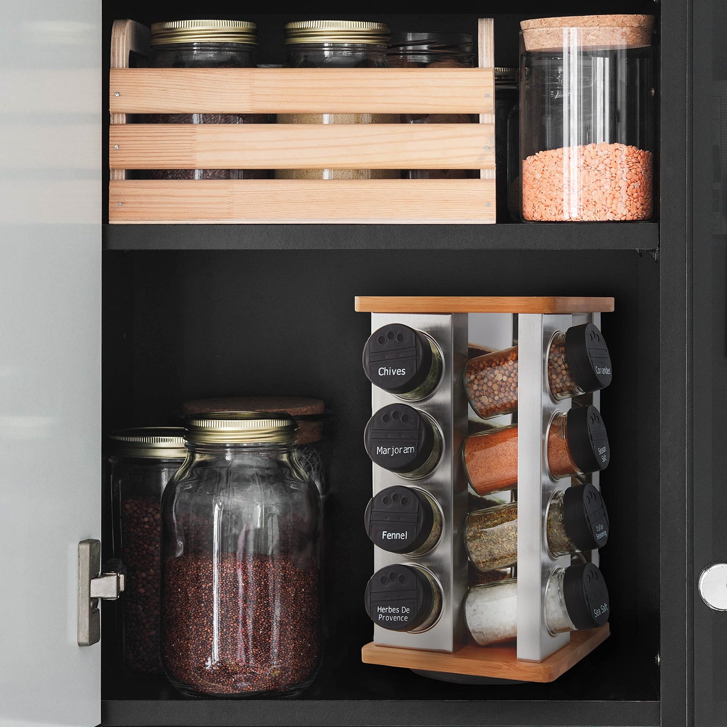 Kamenstein 16 Jar Warner Revolving Countertop Spice Rack Organizer with Lift & Pour Caps and Spices