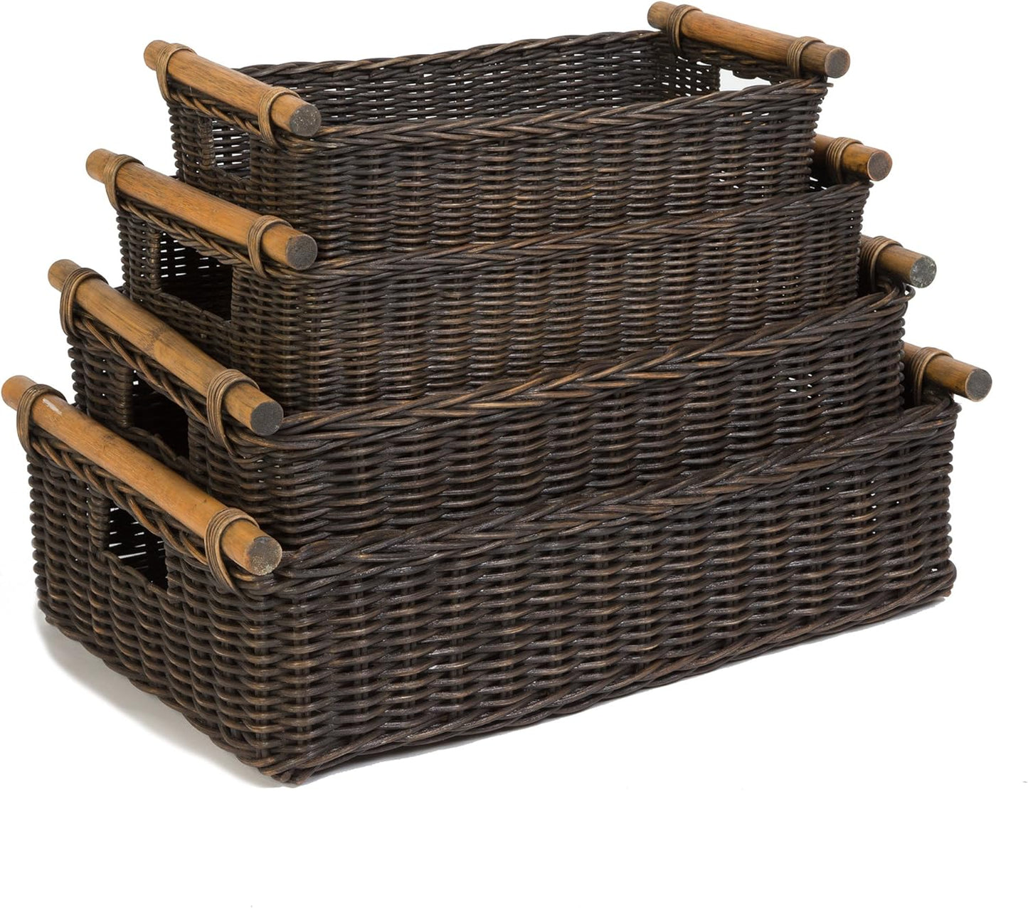 The Basket Lady Low Pole Handle Wicker Storage Basket, Small, 15 in L x 9 in W x 5 in H, Antique Walnut Brown