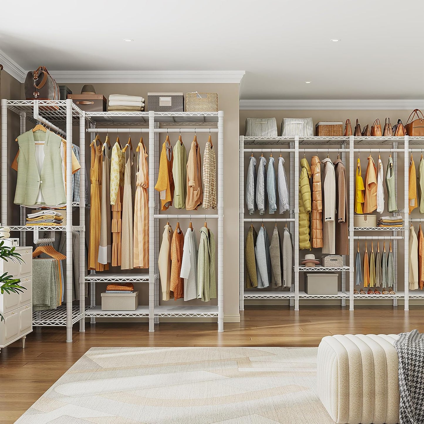 Raybee Heavy Duty Clothes Rack for Hanging Clothes,Clothing Rack with Shelves, Adjustable,76" W x 77" H x 18" D,Max Load 1150lbs,White