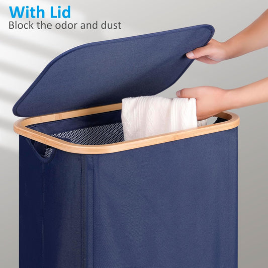 efluky Laundry Basket with Wheels, Tall Rolling Laundry Hamper with Lid and Removable Bag, Aesthetic Dirty Clothes Hamper on Wheels for Laundry Room, Bedroom, Dorm and Bathroom, 100L Blue