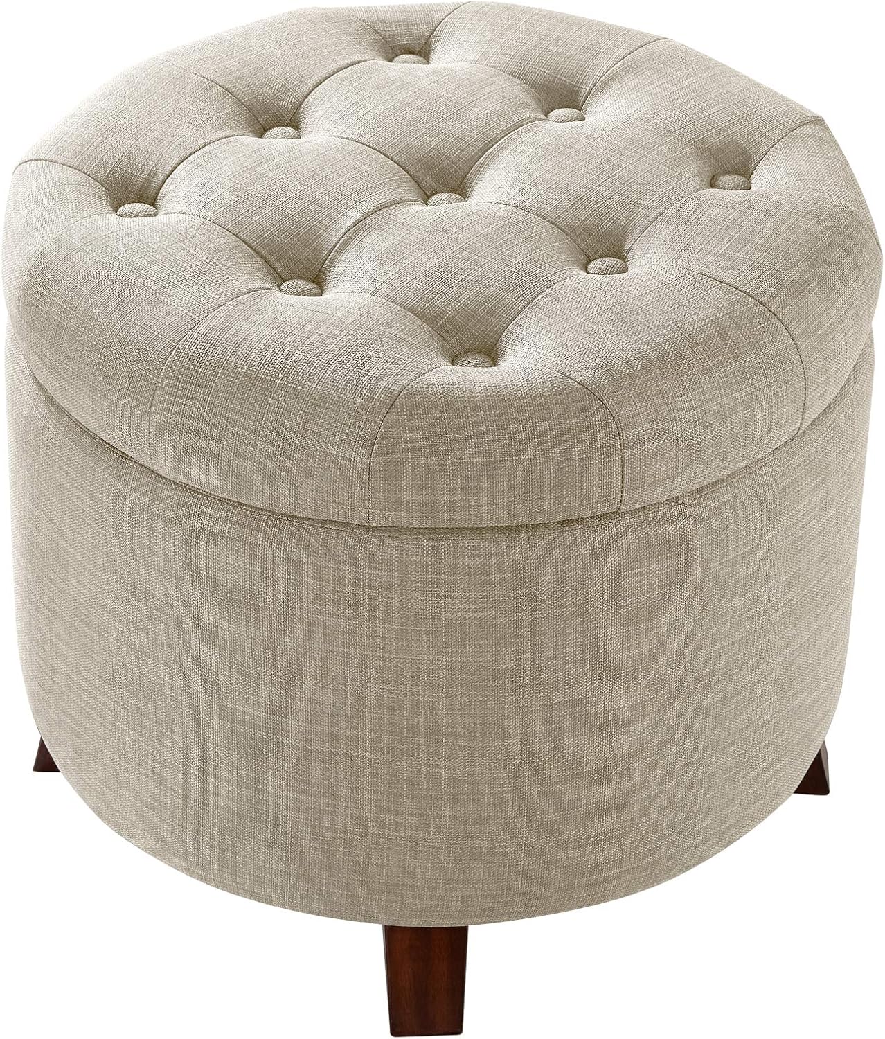Amazon Basics Round Linen Ottoman with Storage, Tufted Upholstered Footstool for Living Room and Bedroom, 20" x 17", Linen Burlap Beige