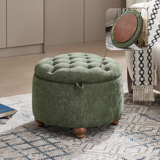 24Inch Round Storage Ottoman with Tray, Modern Tufted Circle Coffee Table with Storage, Upholstered