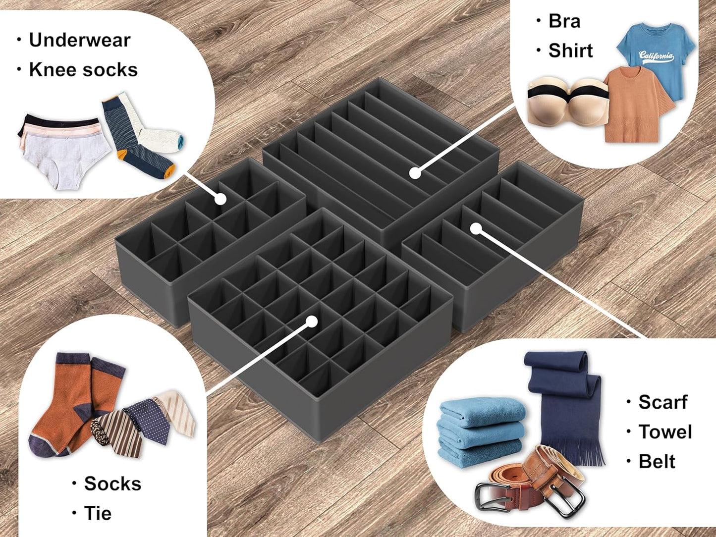 Simple Houseware 4-Pack Drawer Organizer Set - Closet Dividers for Underwear, Socks, Bras, Scarves, Ties - Foldable Non-Woven Storage Boxes, Dark Gray