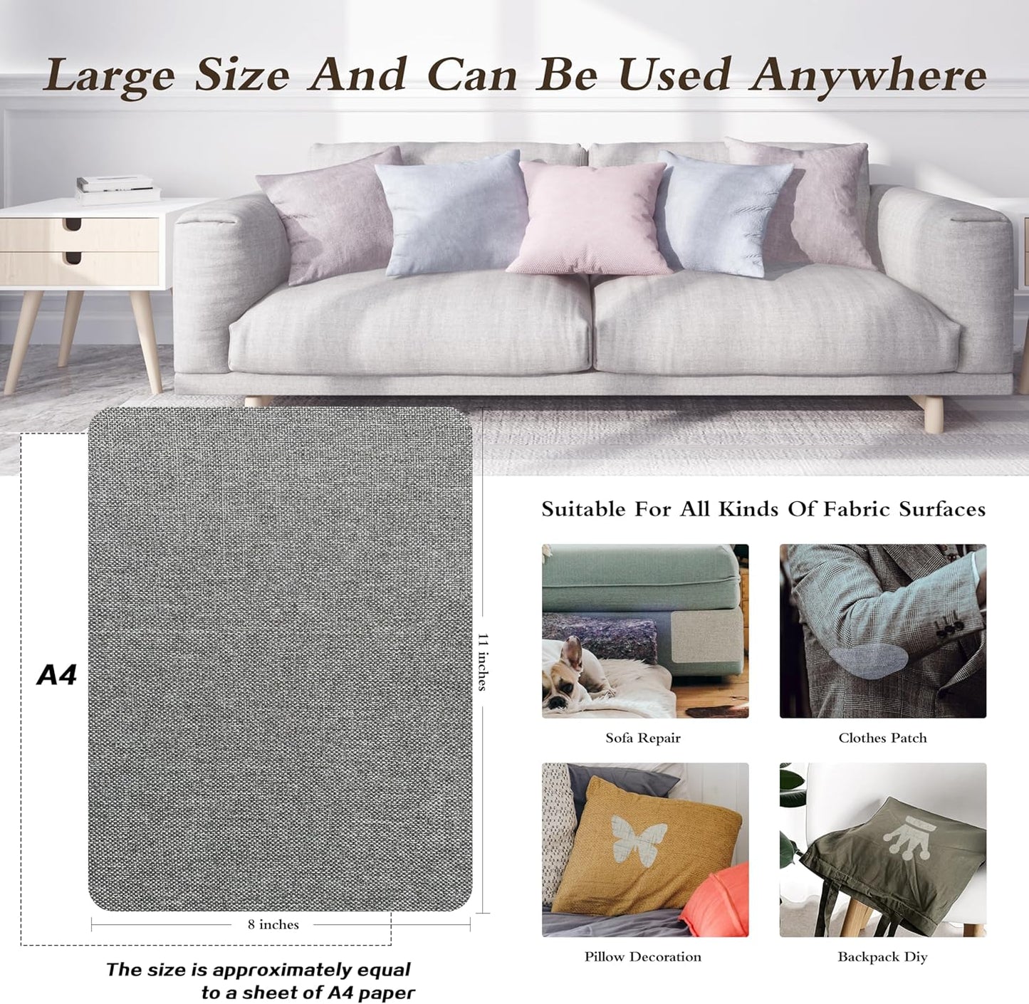 KING MOUNTAIN Coarse Linen Repair Patches, Self-Adhesive Linen Fabric Patches, 8X11 inch, Multi Color, Can be Used for Linen Sofa Repair and Linen Clothes Repair(8" x 11",Smoky Grey)