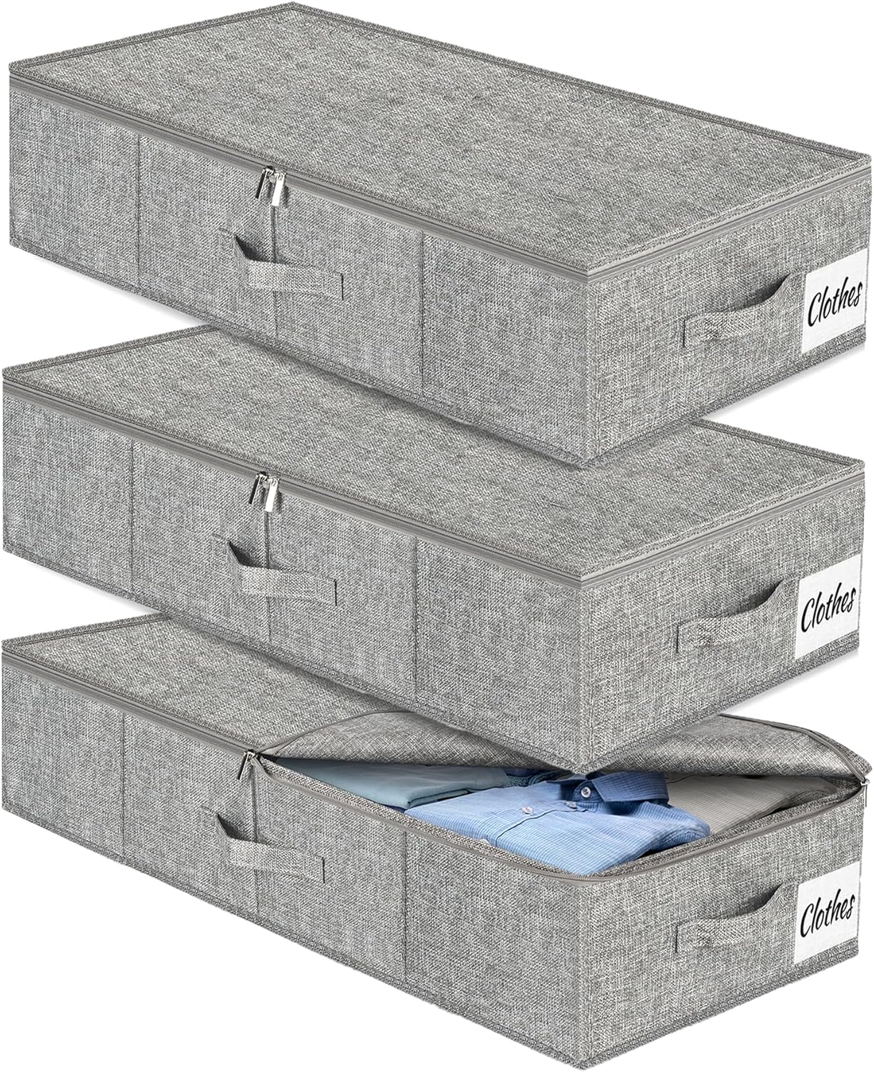 Under Bed Storage Container Bin 3 Pack, Low Profile Foldable Underbed Clothes Storage Organizer W/ Ultra Thick Fabric and Sturdy Bottom/Sides, Dual Zipper Storage Box for Dorm and Home 30x16x6.7"