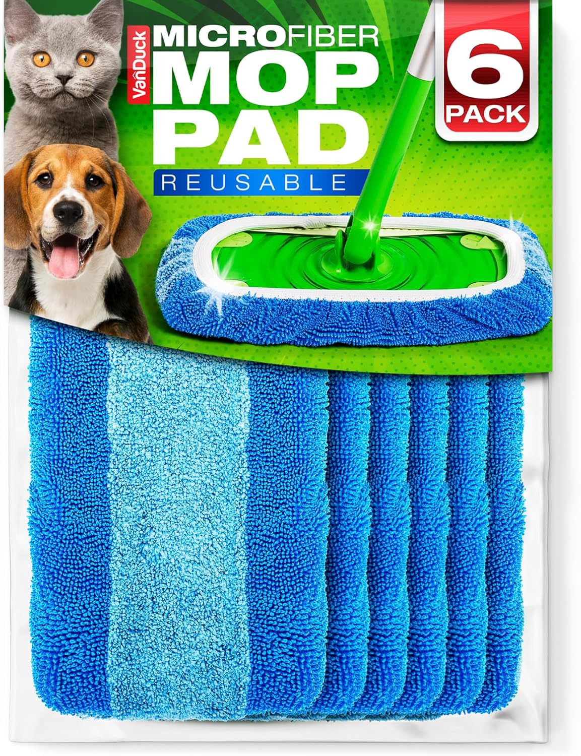 VanDuck Reusable Pet Heavy Duty Mop Pads Compatible with Swiffer Sweeper (6-Pack) - Washable Microfiber Mop Pads for Wet & Dry Use - All Purpose Floor Mopping and Cleaning Product