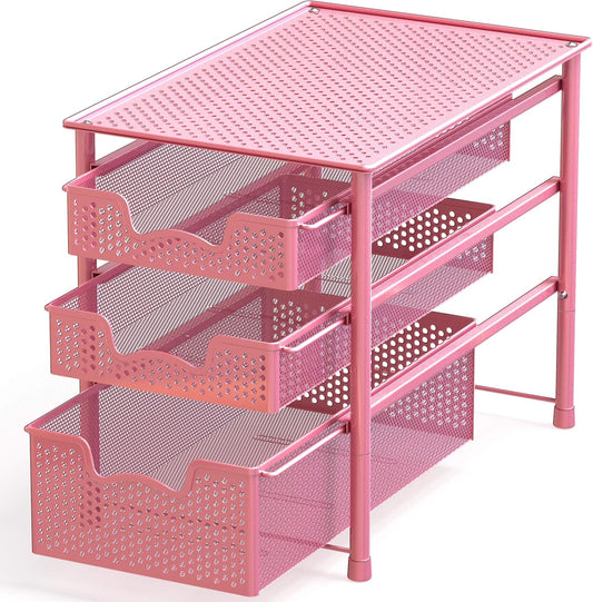 Simple Houseware Stackable 3 Tier Sliding Basket Organizer Drawer, Pink