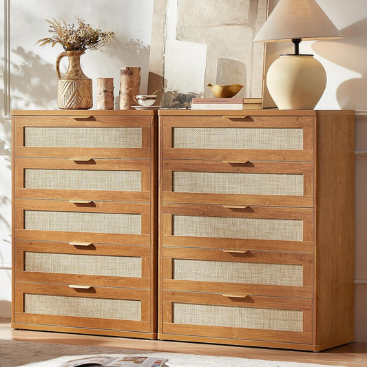 LEYAOYAO Rattan Dresser for Bedroom Set 2, 41" Tall Chest of Drawers, Modern 5 Drawers Boho Dressers with Storage, Light Oak Dresser Wooden Closet Organizer for Living Room, Hallway, Tea Brown