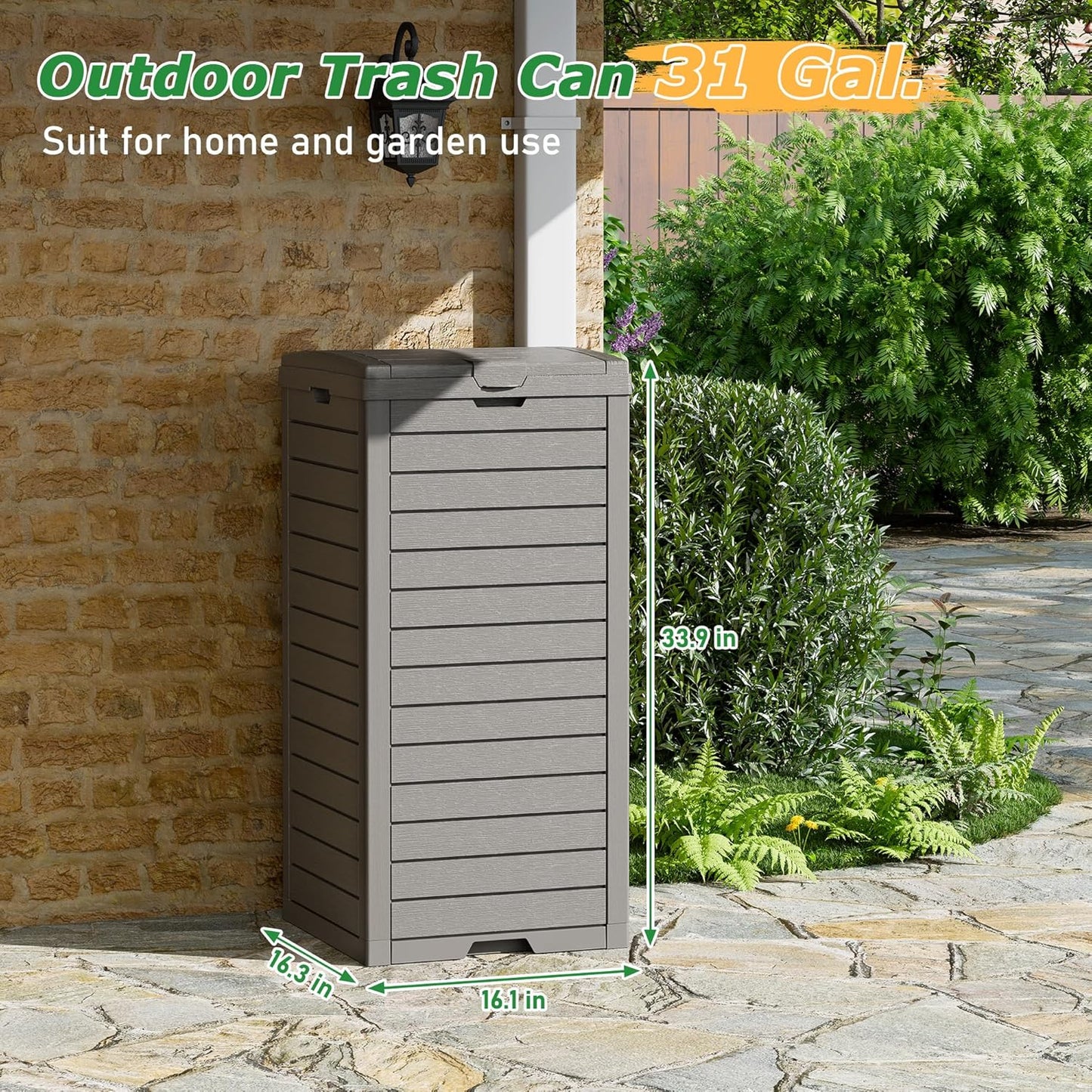 NUNU LAB 31 Gal Outdoor Trash Can with Lid - Heavy Duty Waterproof Resin, Removable Drip Tray, Fits 33-40 Gallon Bags - Large Garbage Bin for Patio, Backyard, Deck