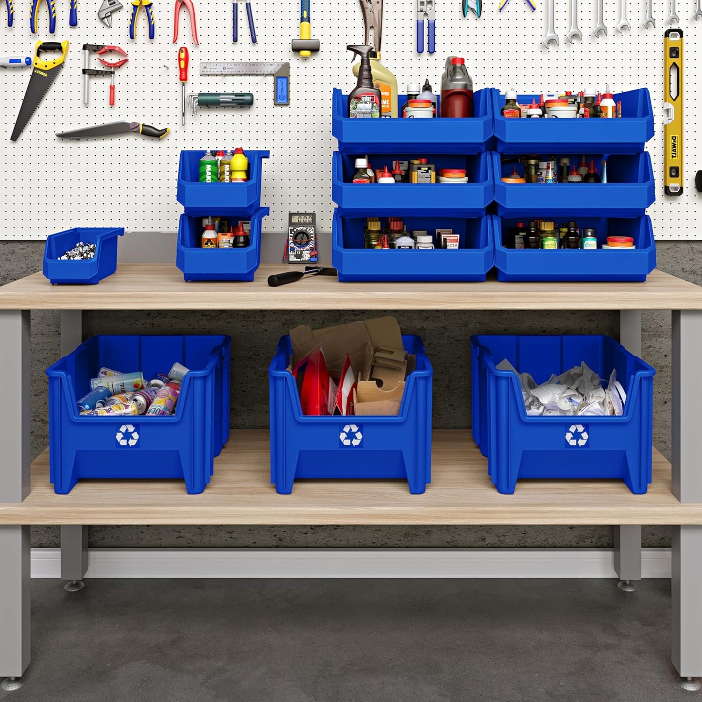 Commercial Industrial Heavy Duty Stackable Open-Front Recycling Bin Box Containers, 12 Gallon, 2 Pack, Blue