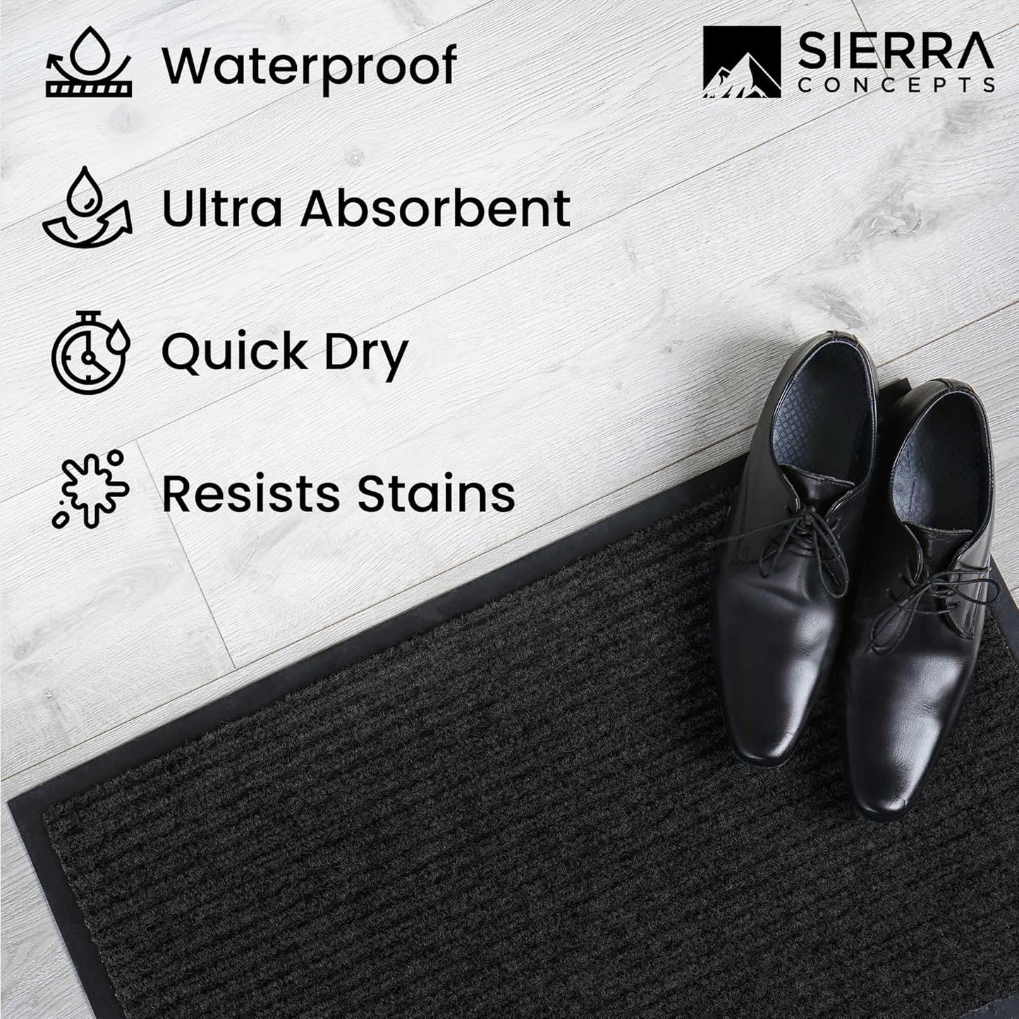 Sierra Concepts 2-Pack Front Door Mat Ribbed Black - Indoor Outdoor Floor Doormat Entryway Welcome Mats - Entrance Shoe Scraper, Entry Inside Outside Garage, 30" x 17"