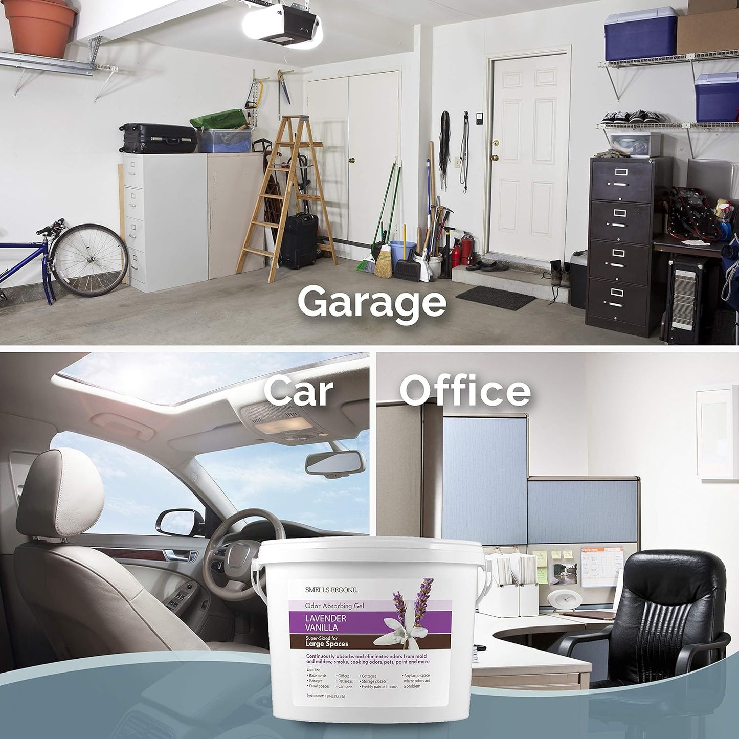 SMELLS BEGONE 1-Gallon Odor Absorber Gel - Air Freshener & Odor Eliminator for Homes, Garages & Commercial Buildings - Industrial Size - Lavender Vanilla Scent