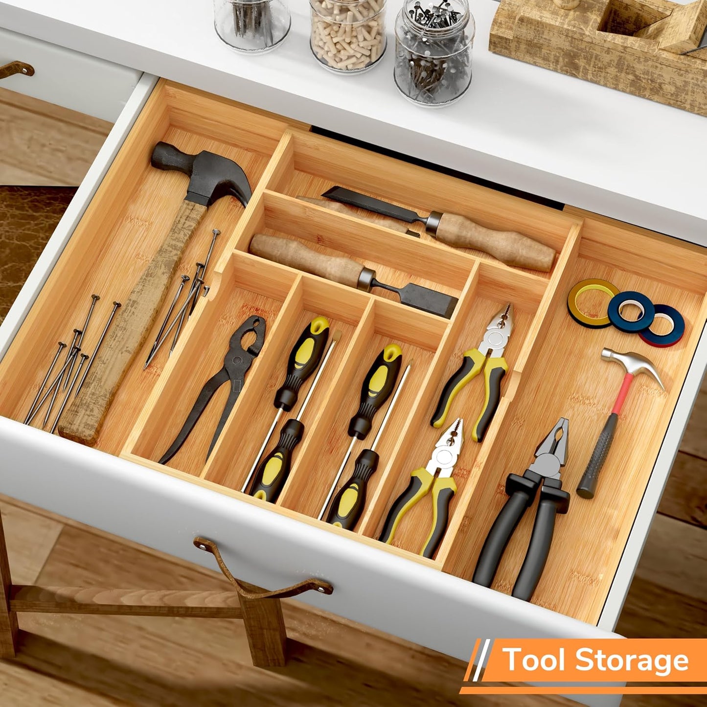 BAMEOS 3" Deepth Expandable Drawer Organizer, Deep Flatware Organizer, Adjustable Silverware Organizer, Bamboo Drawer Organizer for Kitchen, Bathroom (Natural)