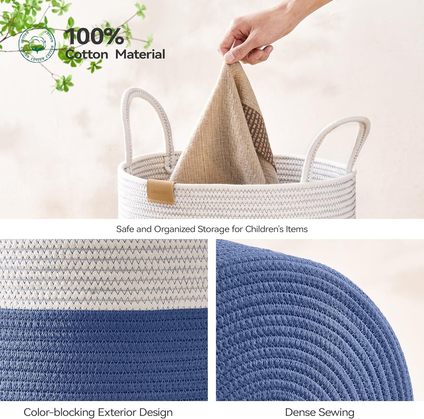 Laundry Hamper 75L,Large Laundry Basket for Clothes,Decorative Storage Basket for Blankets,Cotton Rope Woven basket for bedroom,Navy Blue