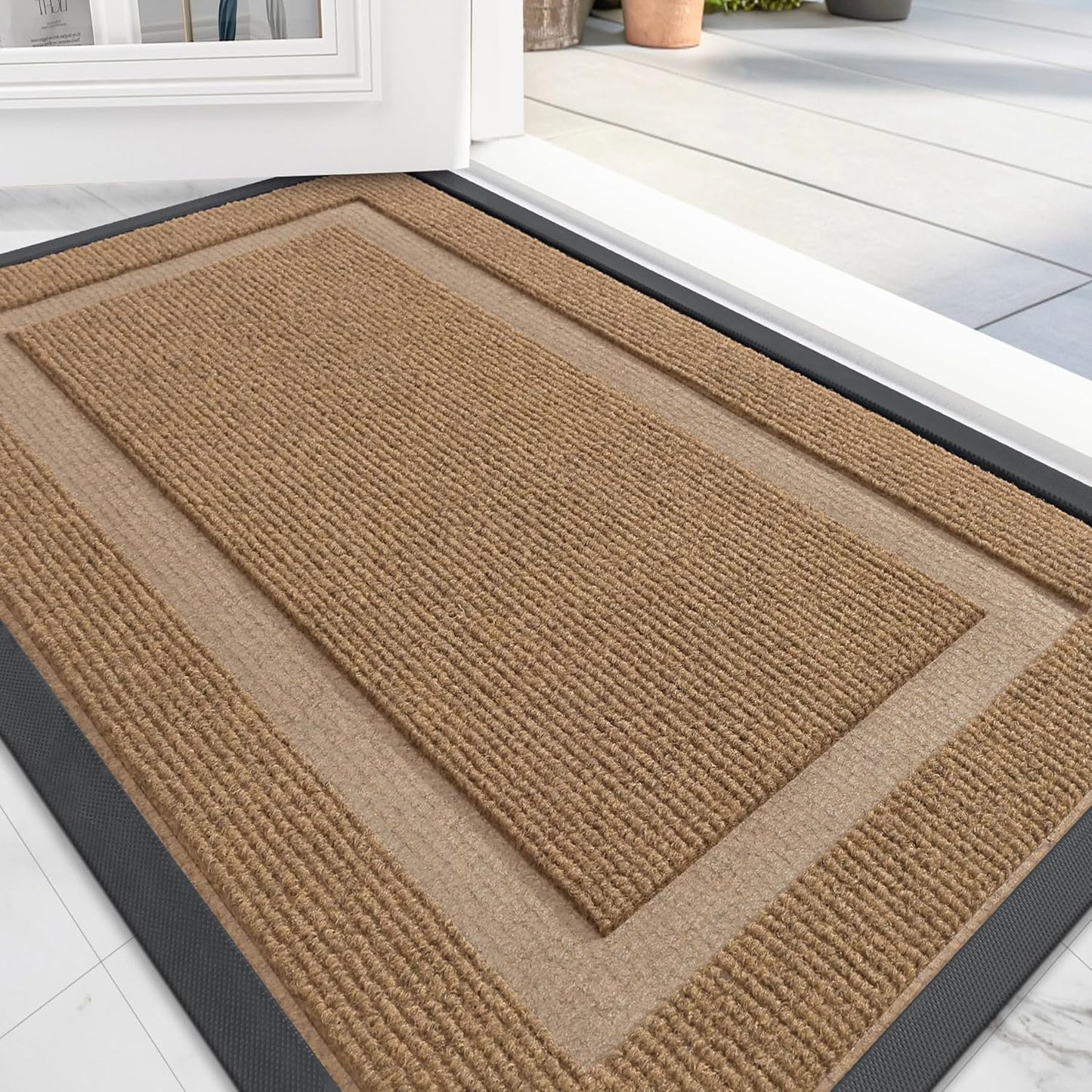 OLANLY Front Door Mat Indoor Outdoor Entrance, Waterproof All-Season, All-Weather Doormat, Sturdy Natural Rubber, Fade Resistant, Low Profile, Easy Clean Patio Porch Entryway Mat, 47x32, Light Brown